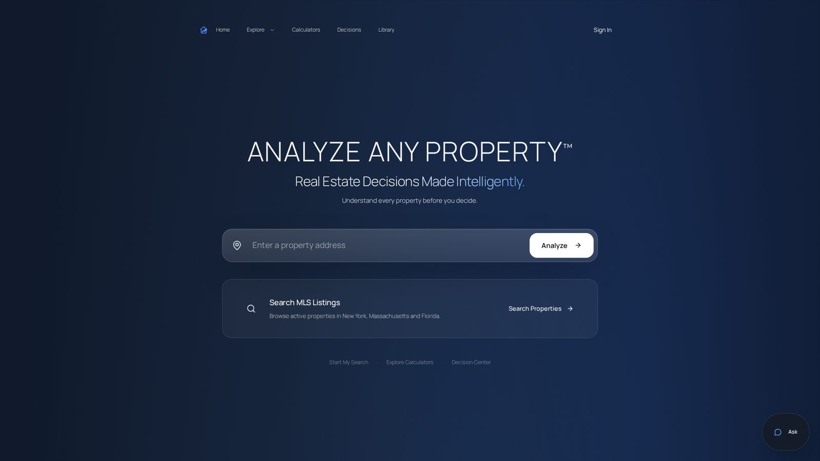 Screenshot of the public Analyze Any Property homepage showing the address entry field and navigation